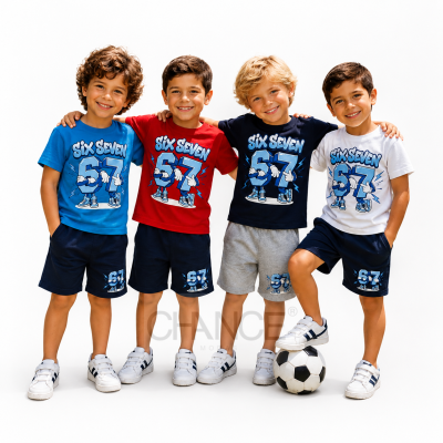 Conjuntos infantis de t-shirt e calções com estampado SIX SEVEN 67 em várias cores