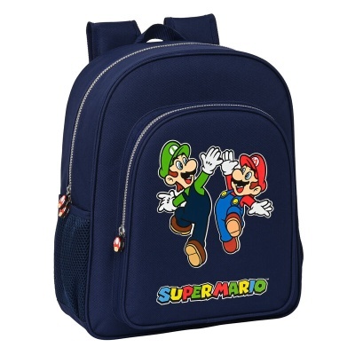 Mochila azul escura com personagens do Super Mario e logótipo colorido