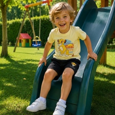 Menino com roupa do Rei Leão num escorrega verde em parque infantil