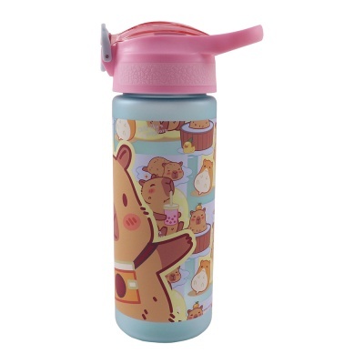 Garrafa de plástico azul com tampa rosa e desenhos de ursos cartoon