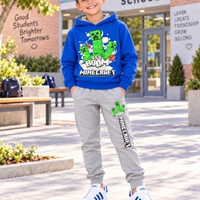 Criança com roupa Minecraft azul e cinzenta num pátio escolar