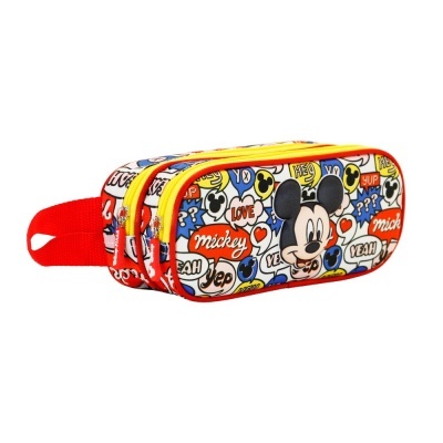 Estojo escolar retangular com padrão colorido de Mickey Mouse e textos variados.