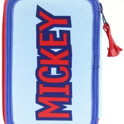 Estojo retangular azul e branco com a palavra MICKEY em vermelho