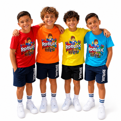 Rapazes vestem fatos de treino coloridos com logotipo ROBLOX, meias às riscas e sapatilhas brancas.