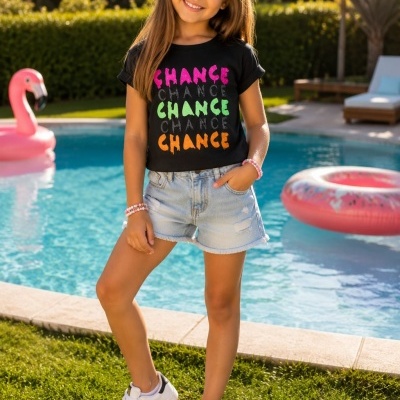 Camisola preta com texto colorido, calções de ganga e ténis brancos junto a piscina com bóias.
