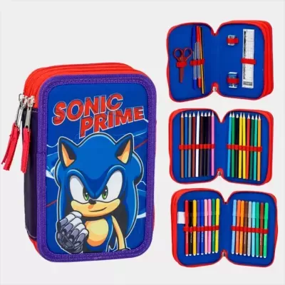 Estojo escolar Sonic Prime com material escolar organizado no interior