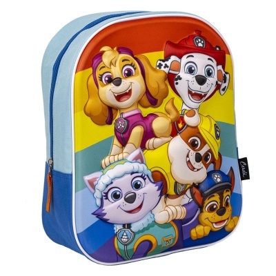 Mochila infantil colorida com personagens caninos animados na frente