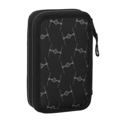Estojo preto com padrão de naves espaciais cinzentas e fecho de correr