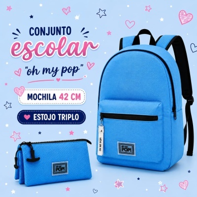 Conjunto escolar mochila e estojo azuis com texto sobre fundo azul com estrelas e corações