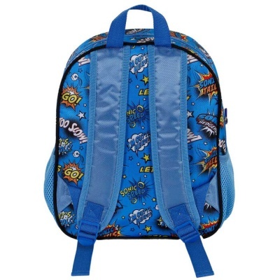 mochila infantil azul com padrão de banda desenhada e textos em inglês