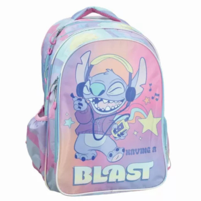 Mochila infantil azul e rosa com Stitch a ouvir música e texto 
