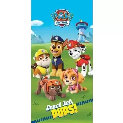 Personagens do PAW Patrol num campo verde com torre e texto 'Great Job, PUPS!'
