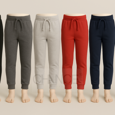 Seis calças de ganga em diferentes cores com cordão na cintura exibidas em manequins.