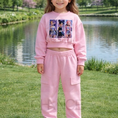 Menina com conjunto rosa de sweat cropped e calças cargo, com estampado de personagens, ao ar livre perto de lago.