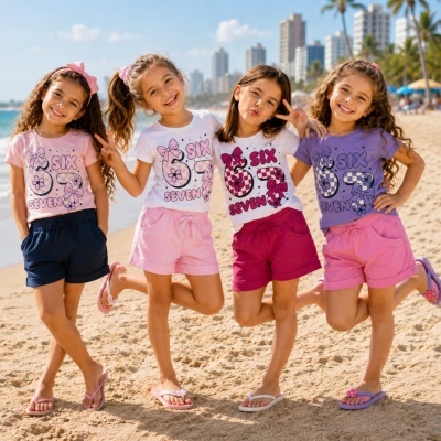 Quatro meninas na praia com t-shirts coloridas e calções
