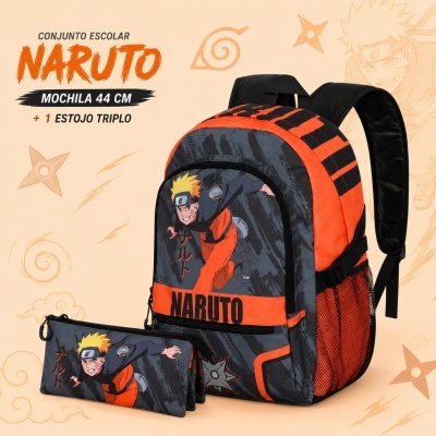 Mochila escolar e estojo triplo com estampa Naruto em preto, cinza e laranja
