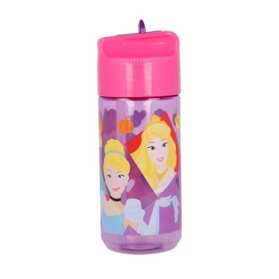 Garrafa plástica rosa e lilás com ilustração de princesas