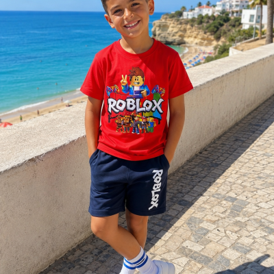 Criança com roupa ROBLOX vermelha e azul num passeio junto ao mar