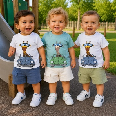 Três crianças pequenas com t-shirts de girafas em carros e calções coloridos num parque infantil