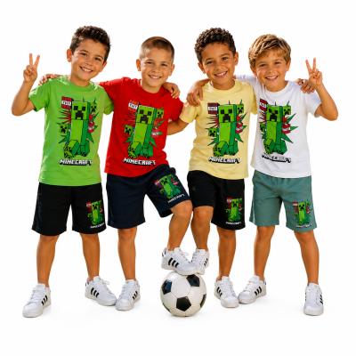 Quatro rapazes com roupa Minecraft e bola de futebol