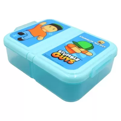 caixa de plástico azul Stumble Guys com desenhos animados e texto