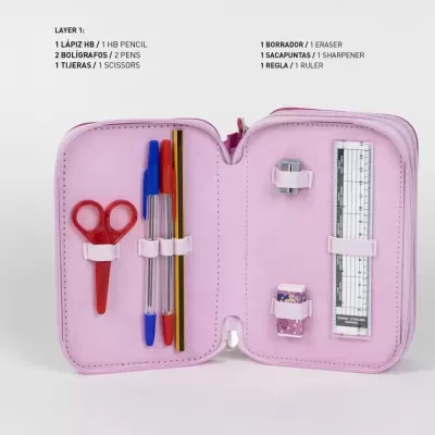 Estojo escolar rosa aberto com material escolar dentro
