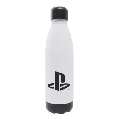 Garrafa de água branca e preta com logotipo da PlayStation