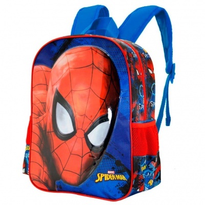 Mochila infantil Homem-Aranha azul e vermelha com estampa da cabeça do personagem.