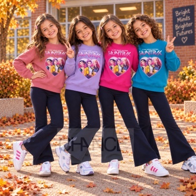 Quatro meninas com sweatshirts coloridas HUNTRX e calças pretas, posando ao ar livre no outono com folhas caídas.