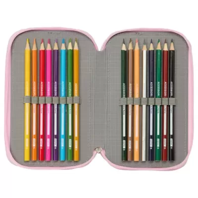 Estojo rosa aberto com 18 lápis de cor coloridos organizados em elásticos.