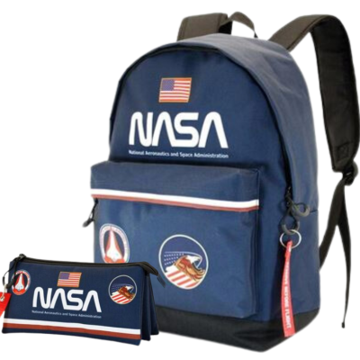 Mochila azul com estampas NASA e estojo escolar combinando