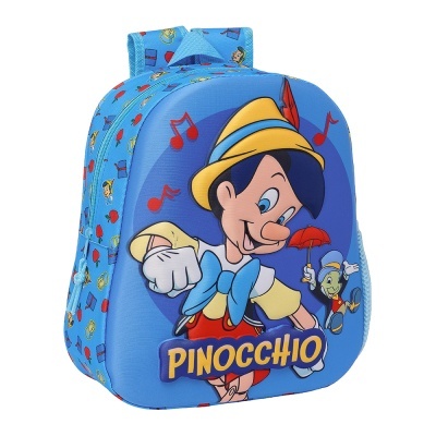 Mochila infantil azul com estampa do Pinóquio e texto PINOCCHIO