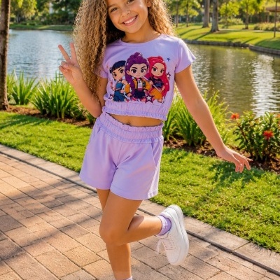 Menina a usar conjunto lilás com t-shirt estampada de personagens animadas e calções, num parque com lago e edifícios ao fundo