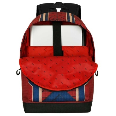 Mochila vermelha com padrão colorido e interior vermelho com padrão