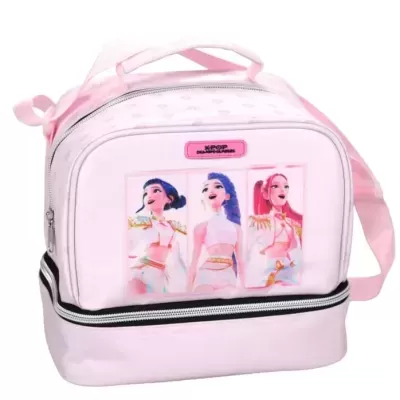 Mala térmica rosa claro com personagens animadas e fecho de correr