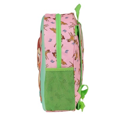 Mochila infantil rosa com padrões de personagens e bolso lateral verde.