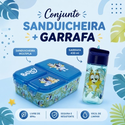 Conjunto sanduicheira e garrafa azul com personagens animados e folhas verdes