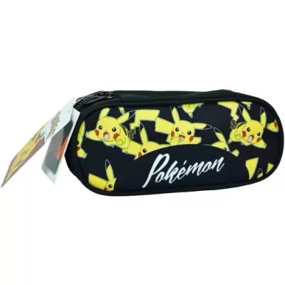 Estojo preto com estampa de Pikachu e texto Pokémon
