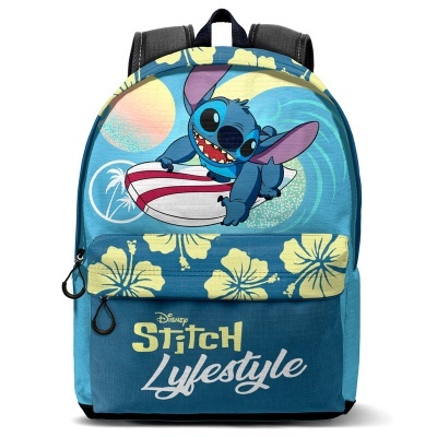 Mochila azul com estampado de hibiscos e personagem Stitch com prancha de surf