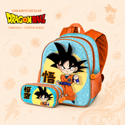 Mochila e estojo Dragon Ball com estampa do Goku em azul, amarelo e laranja