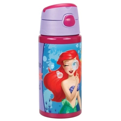 Garrafa infantil com imagem da Pequena Sereia em fundo azul