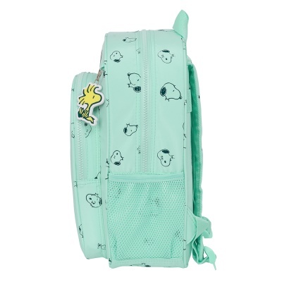 Mochila verde água com desenhos de Snoopy e Woodstock