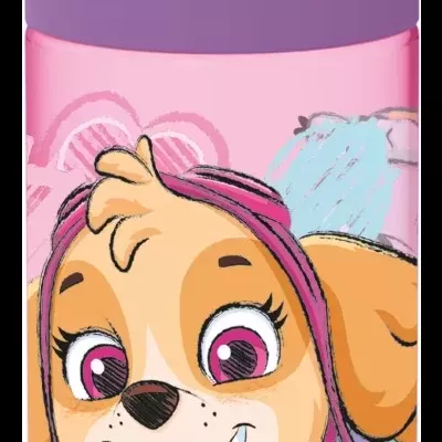 Garrafa infantil rosa com tampa roxa e personagem canina Skye da Paw Patrol