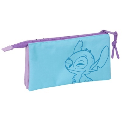 Estojo azul com fecho roxo e ilustração do Stitch