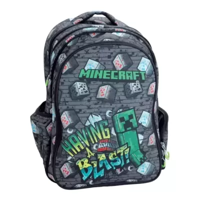 Mochila cinzenta com padrão de blocos coloridos e texto Minecraft