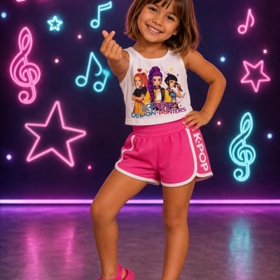 Conjunto infantil de top branco com estampa K-POP DEMON HUNTERS e calções cor-de-rosa com texto K-POP com fundo de luzes néon.