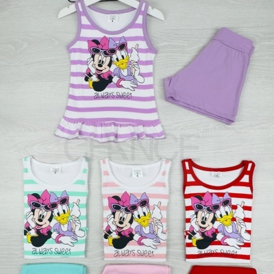 Conjunto de roupa de criança com camisola às riscas e estampa Minnie e Margarida e calções lisos