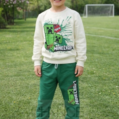 Criança com roupa de Minecraft num campo verde
