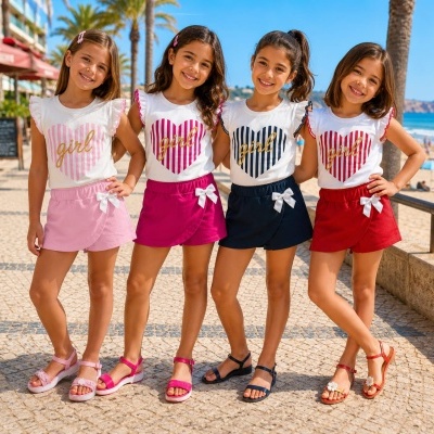 Quatro meninas com conjuntos de roupa de verão coloridos junto à praia.