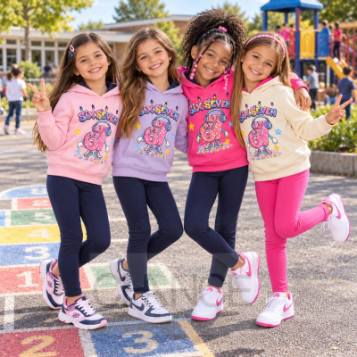 Meninas com sweatshirts coloridas e leggings num parque infantil